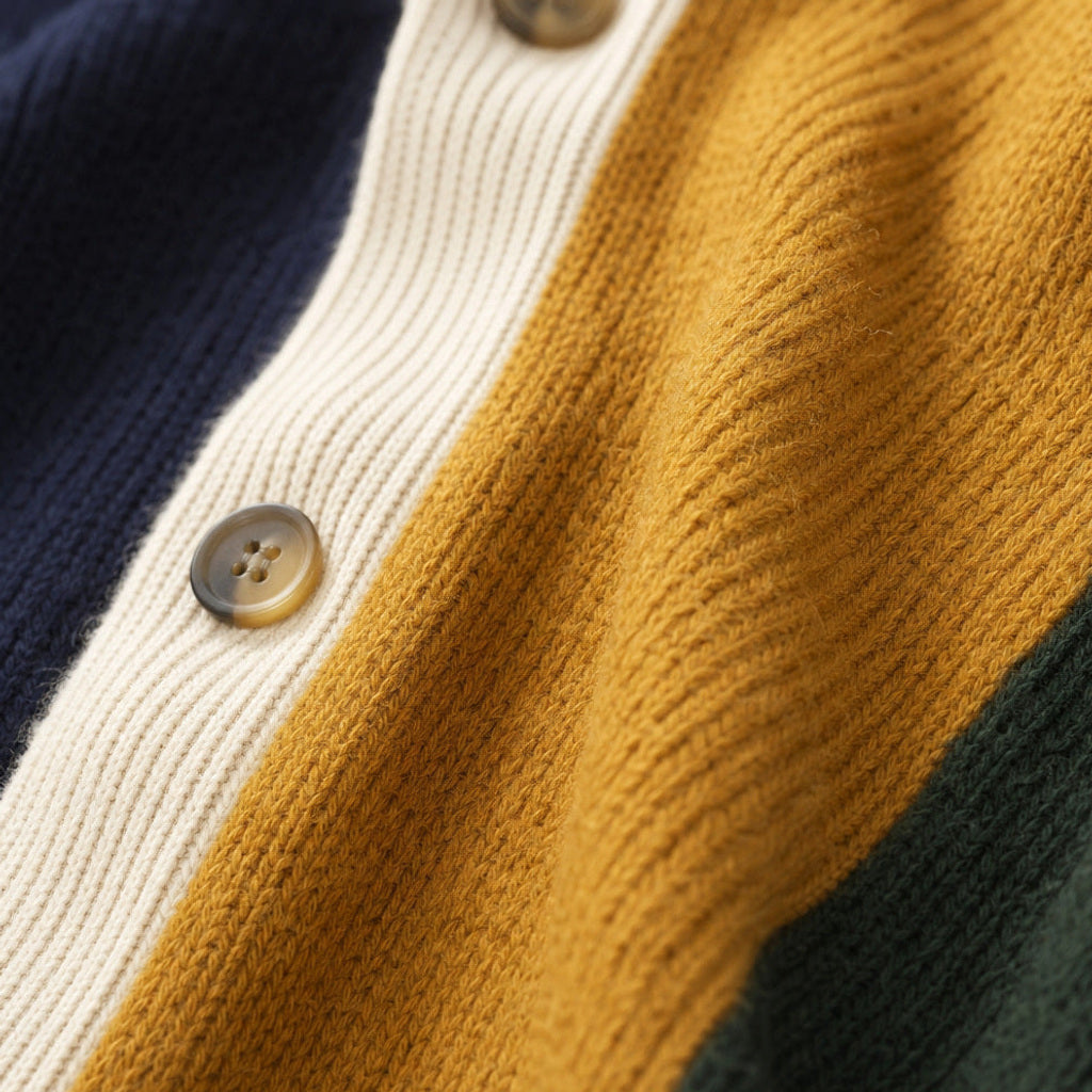 Thibaut | Strickjacke Kontrastblende Knopfleiste – Stoff- und Detailaufnahme
