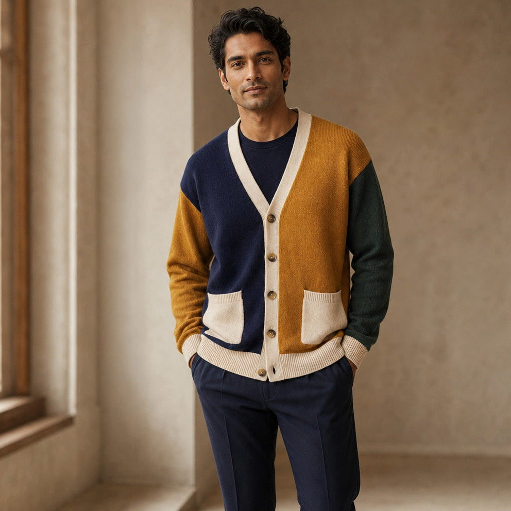 Thibaut | Strickjacke Kontrastblende Knopfleiste – Gestyltes Editorial-Foto