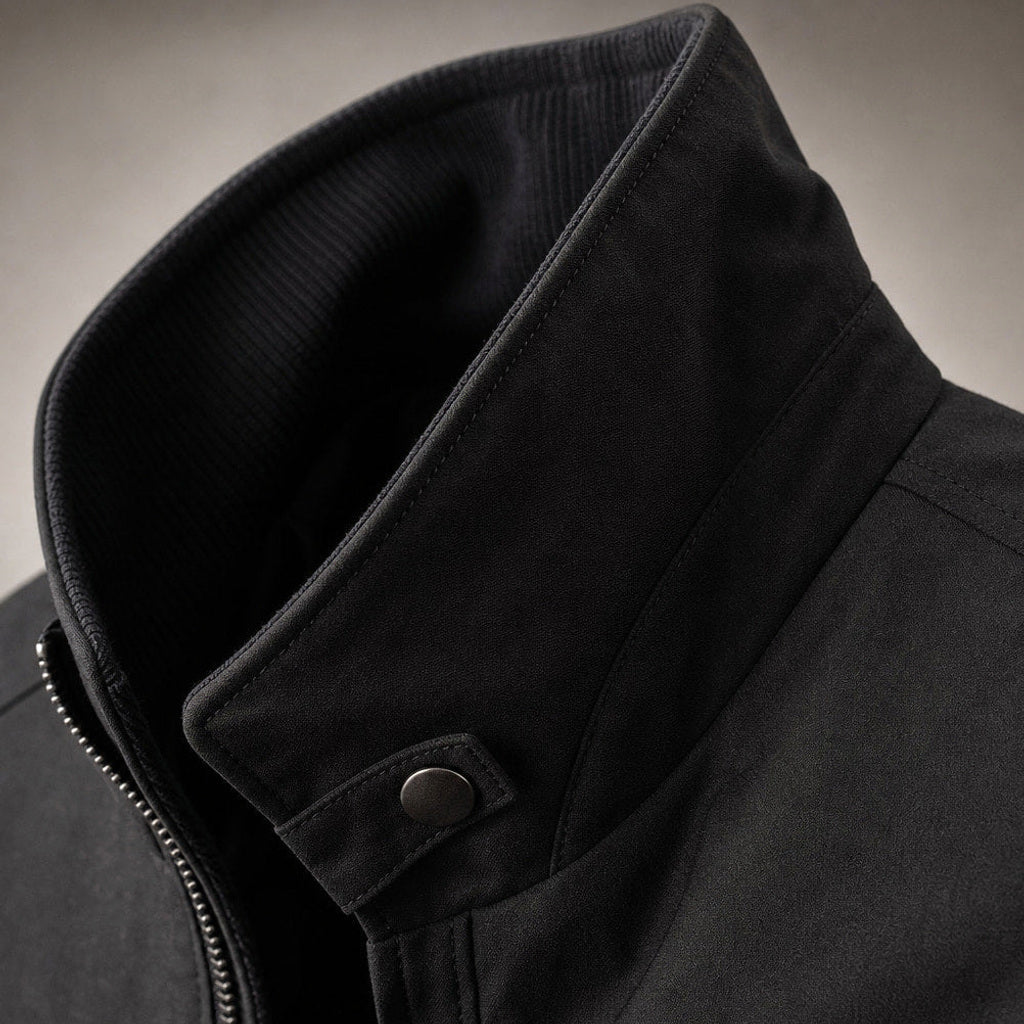 Thoralf | Steppjacke Stehkragen Schwarz – Stoff- und Detailaufnahme