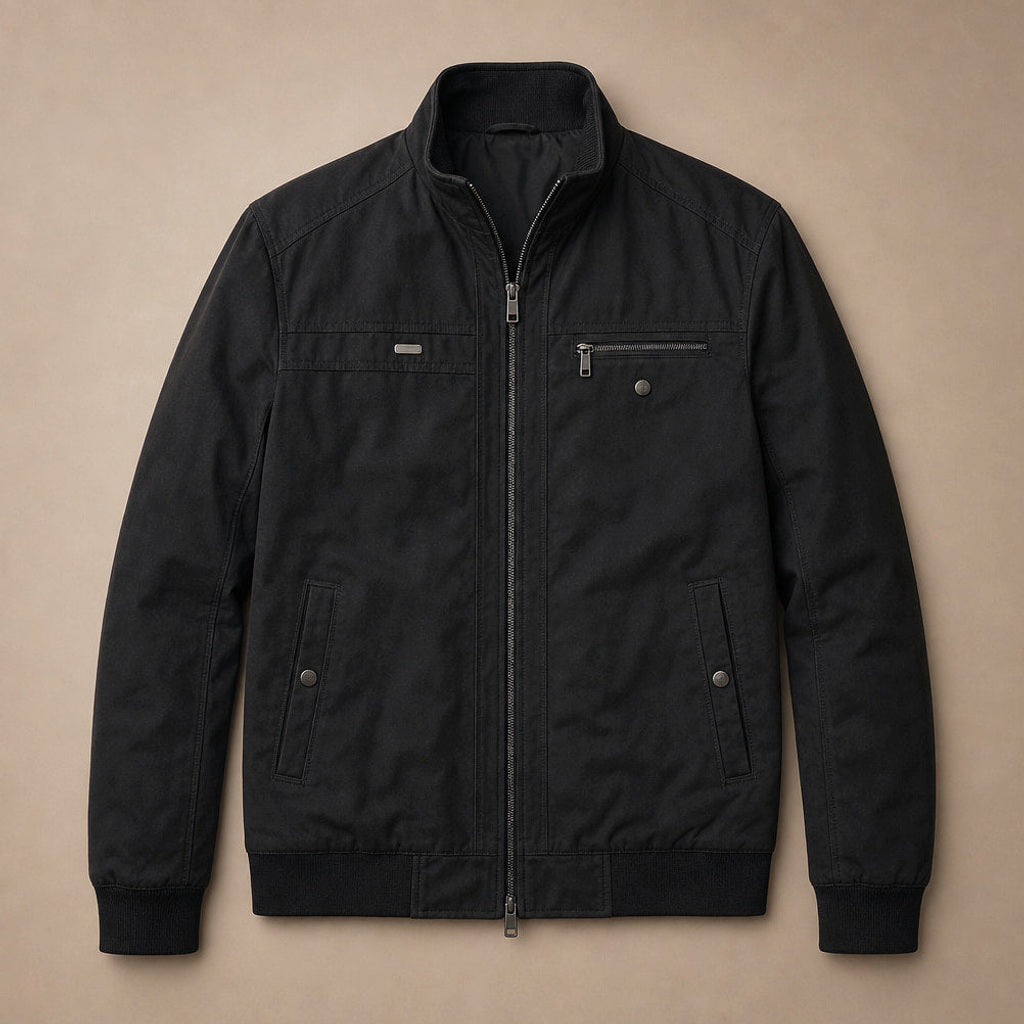 Thoralf | Steppjacke Stehkragen Schwarz – Flatlay-Produktfoto