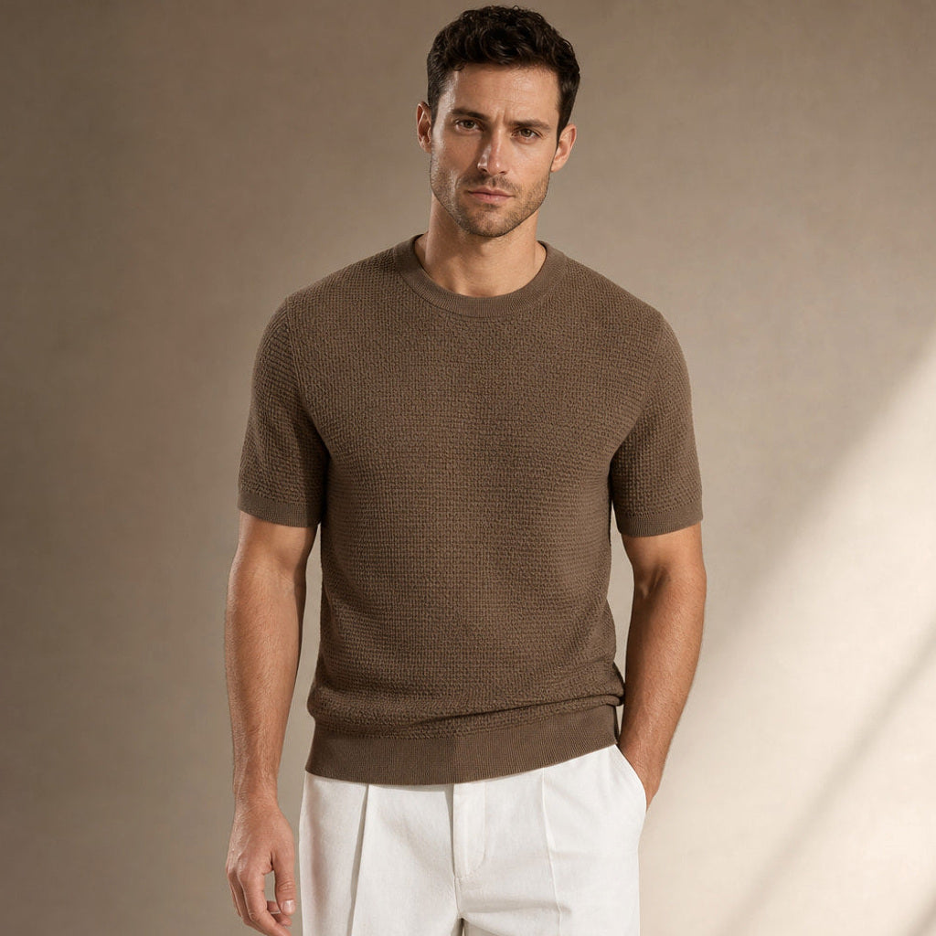 Thoren | Waffelstrick T-Shirt Rundhals in Braun – Premium Editorial