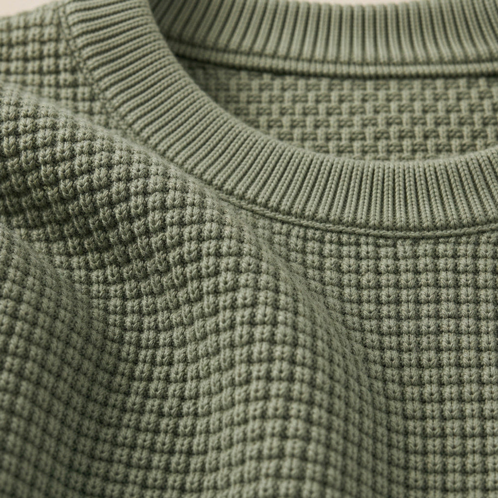 Thoren | Waffelstrick T-Shirt Rundhals Grün – Stoff- und Detailaufnahme