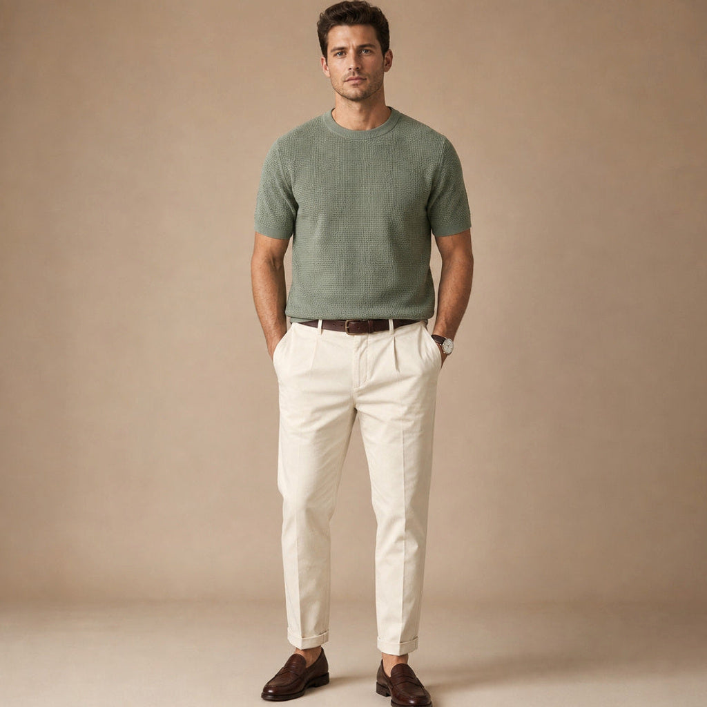 Thoren | Waffelstrick T-Shirt Rundhals Grün – Gesamtlook