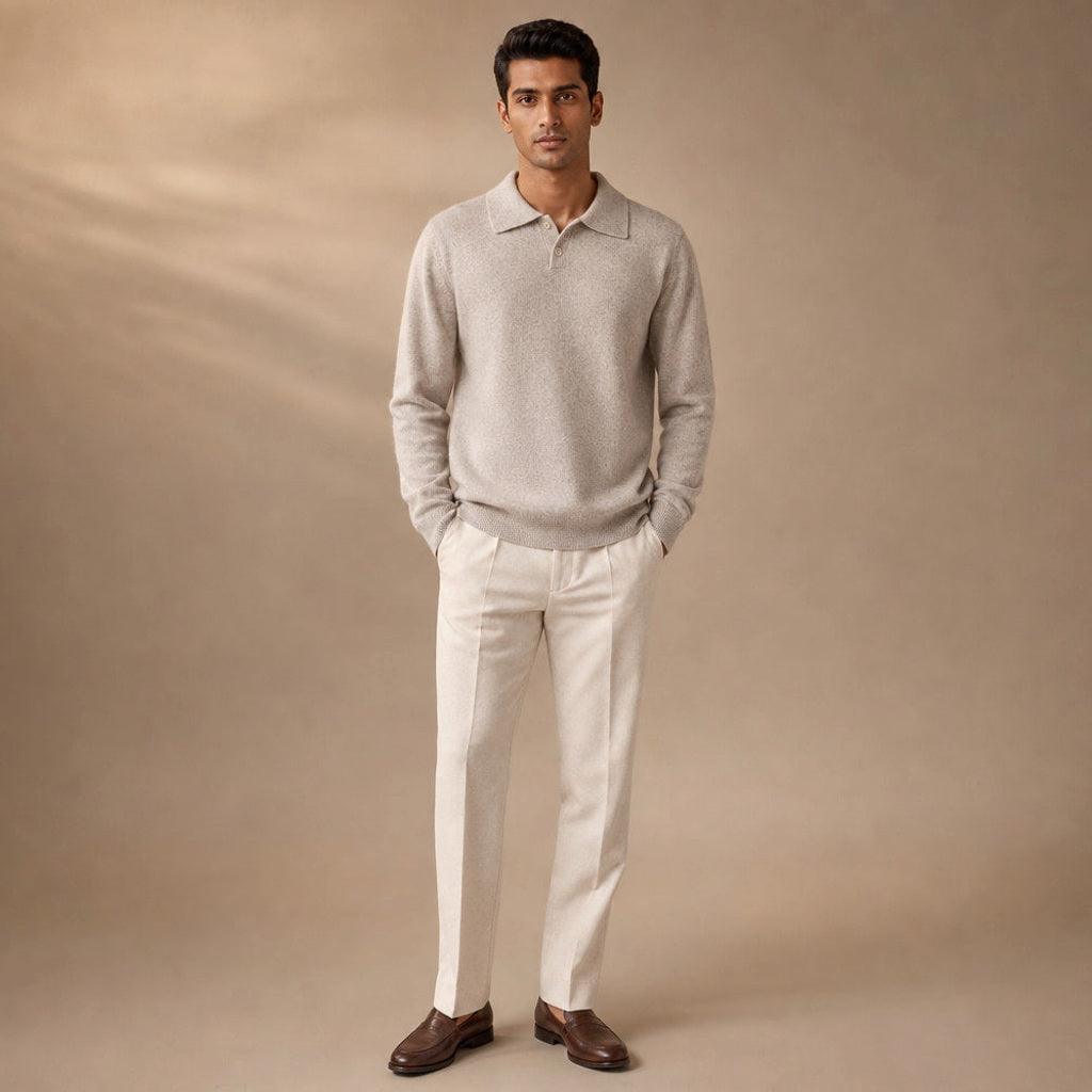Thorsten | Strickpoloshirt gebürstet Haferbeige – Gesamtlook