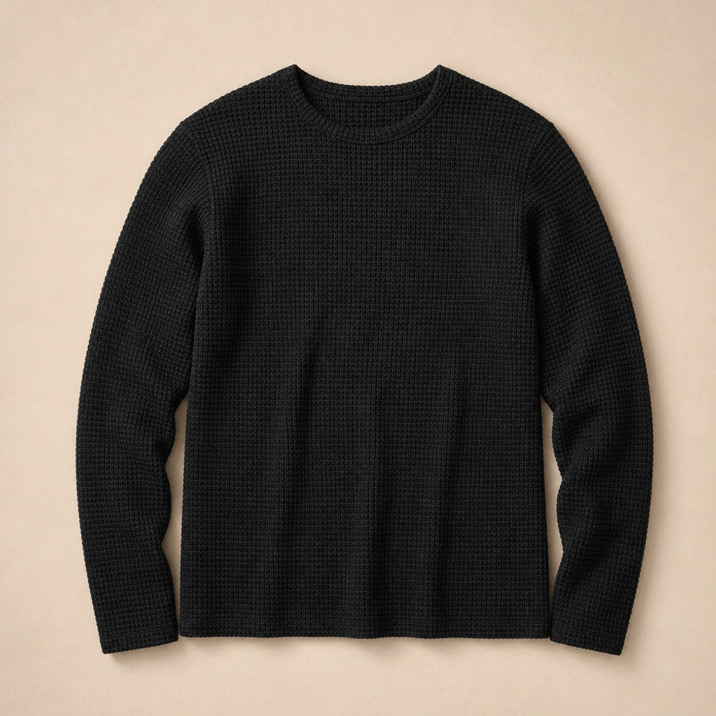 Torben | Waffelstrick-Shirt Langarm Schwarz – Produktfoto