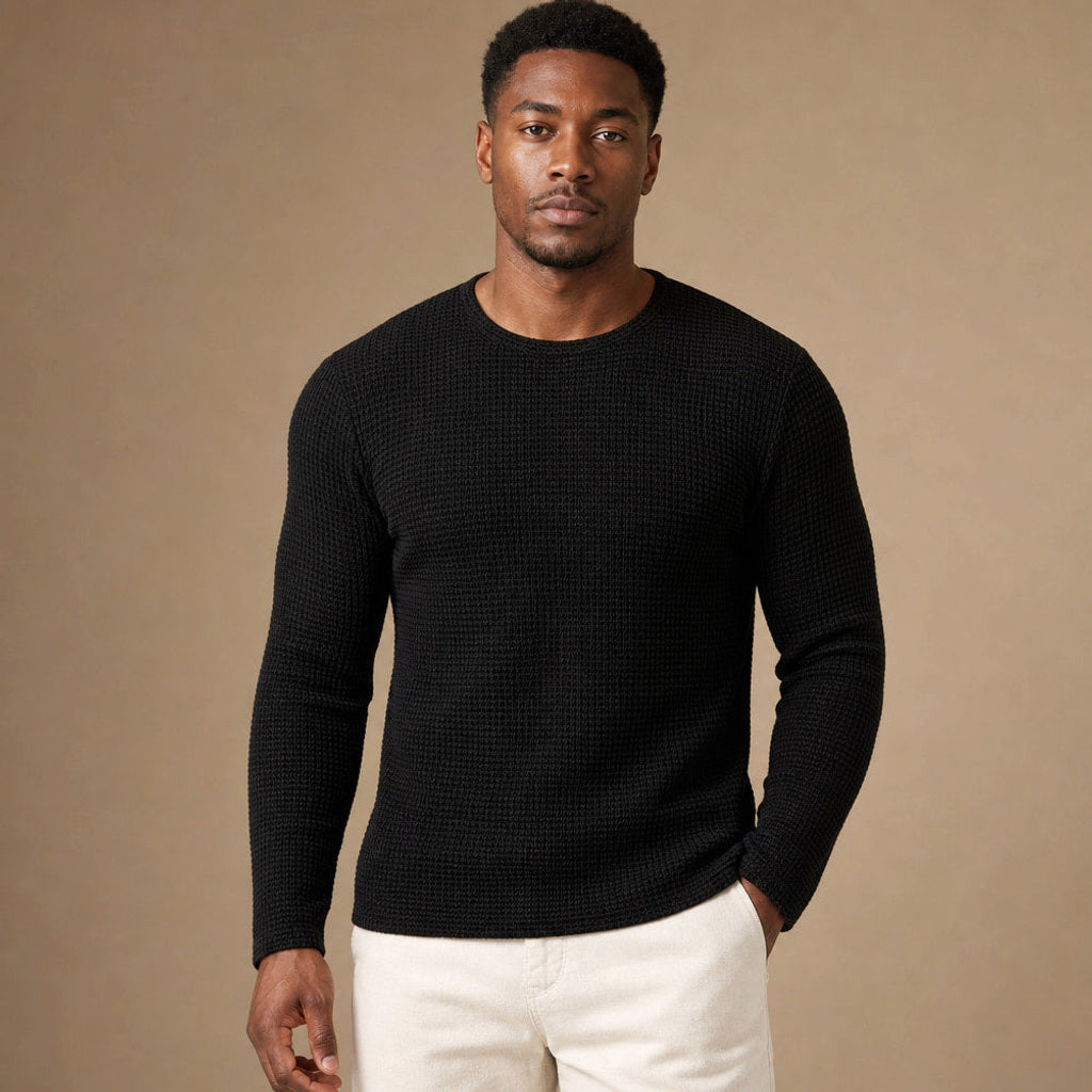 Torben | Waffelstrick-Shirt Langarm in Schwarz – Premium Editorial