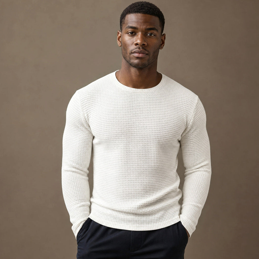 Torben | Waffelstrick-Shirt Langarm in Weiß – Premium Editorial