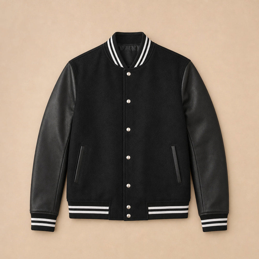 Torsten | College-Jacke Lederärmel Schwarz Schwarz – Flatlay-Produktfoto