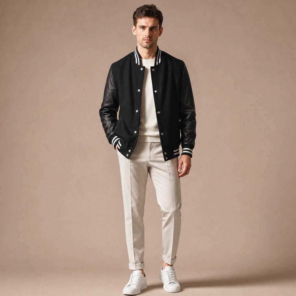 Torsten | College-Jacke Lederärmel Schwarz Schwarz – Gesamtlook