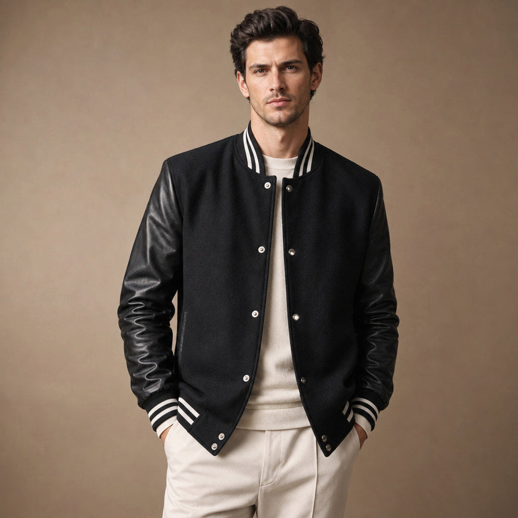 Torsten | College-Jacke Lederärmel Schwarz Schwarz – Produktfoto