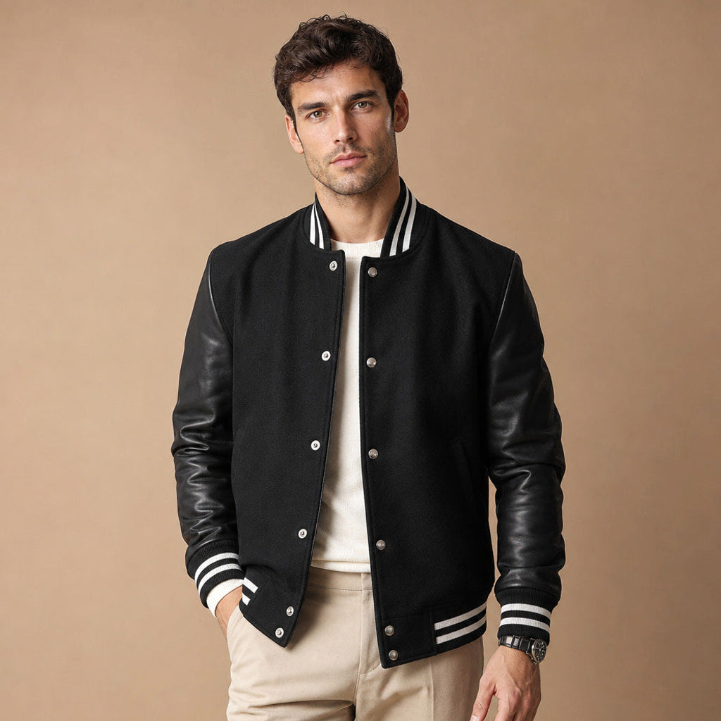 Torsten | College-Jacke Lederärmel Schwarz in Schwarz – Premium Editorial