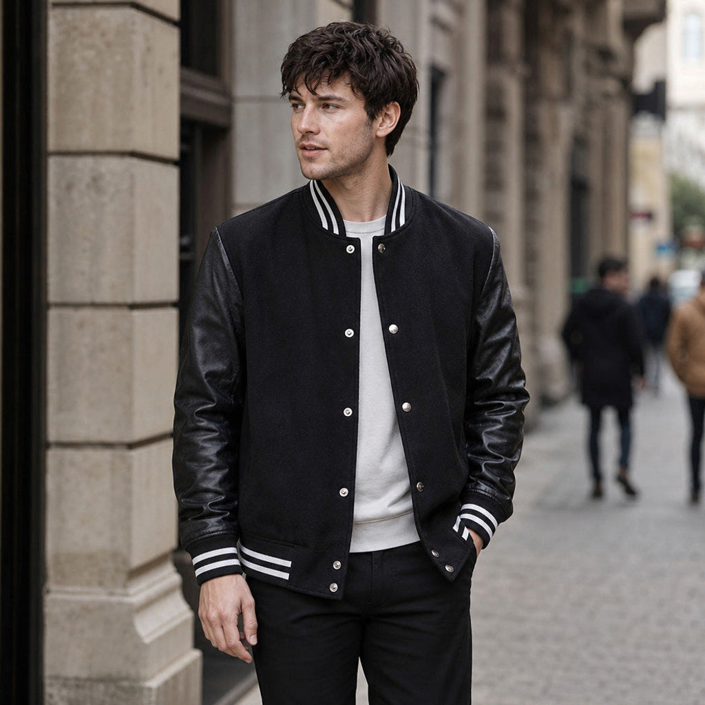 Torsten | College-Jacke Lederärmel Schwarz Schwarz – Gestyltes Editorial-Foto