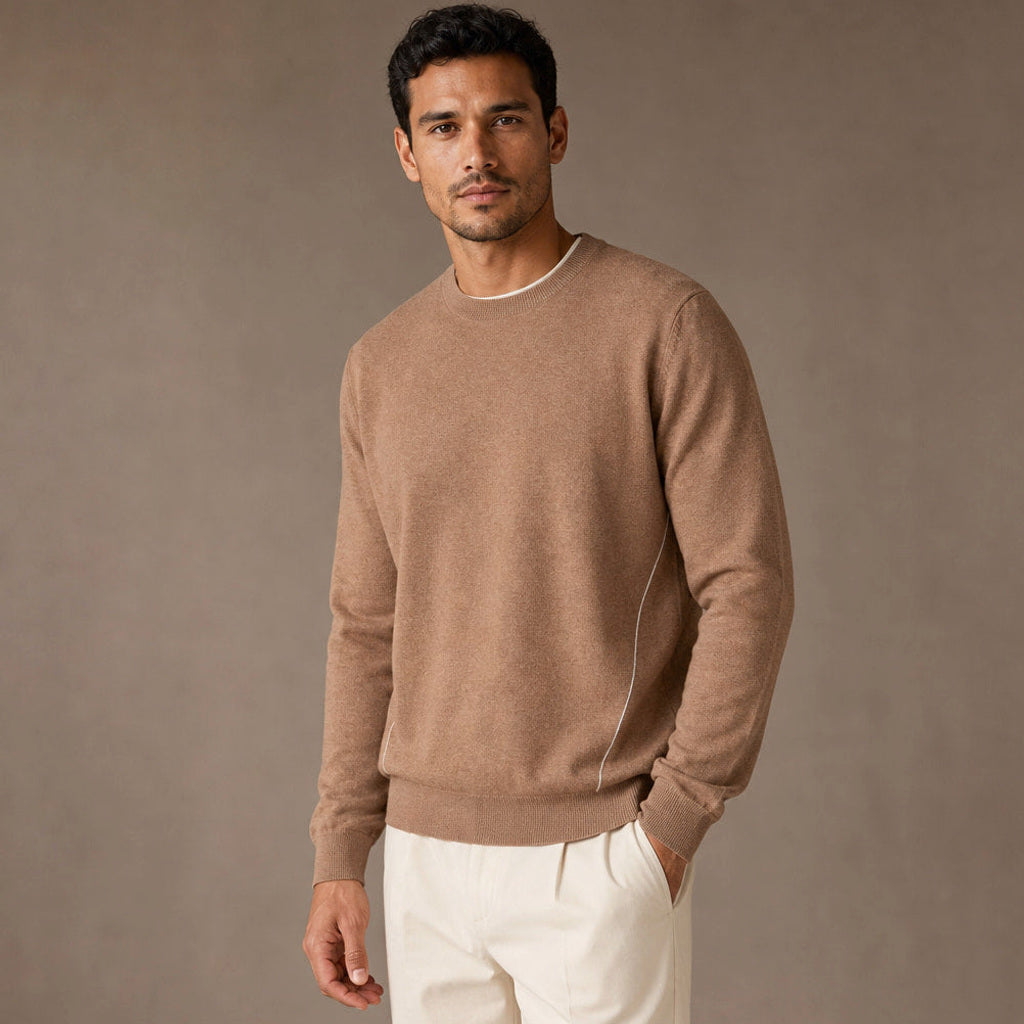 Untold | Feinstrick-Pullover Kontrastpaspel Camel – Seitenansicht