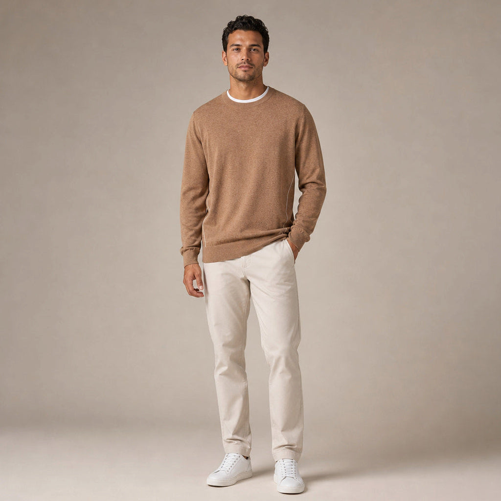 Untold | Feinstrick-Pullover Kontrastpaspel Camel – Gesamtlook