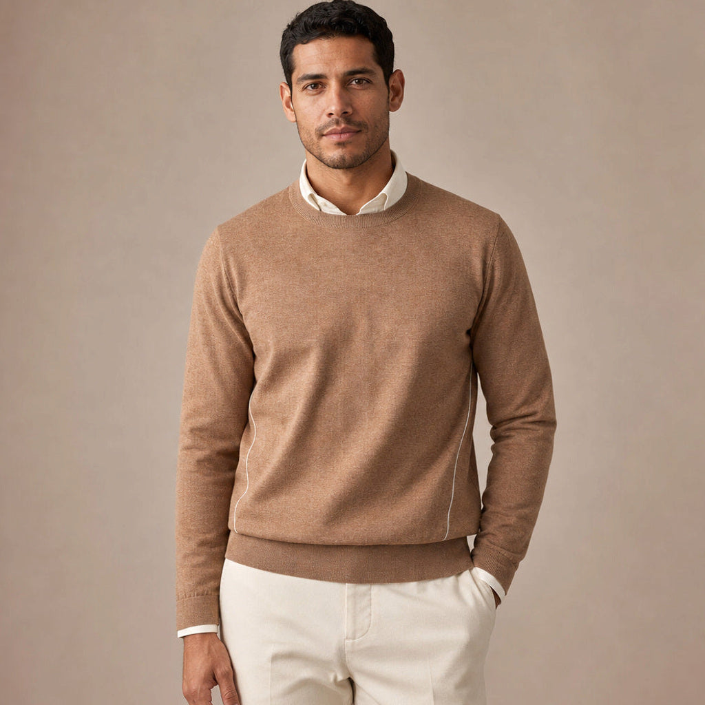 Untold | Feinstrick-Pullover Kontrastpaspel in Camel – Premium Editorial