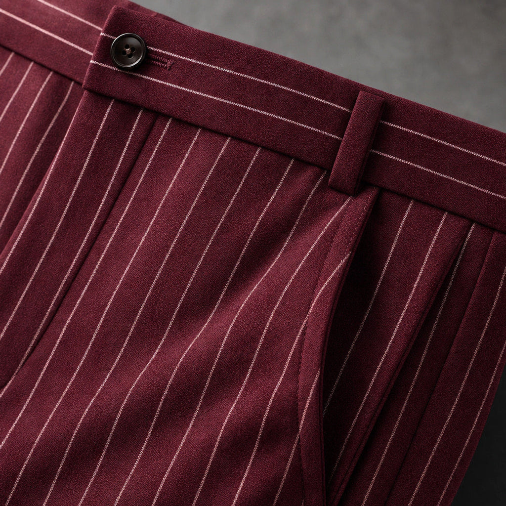 Corbin | Anzughose Nadelstreifen Slim Fit Bordeaux – Stoff- und Detailaufnahme