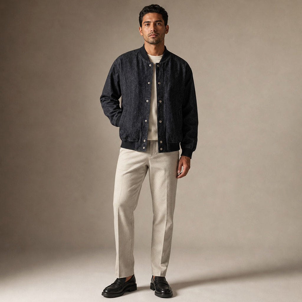 Velkan | Bomberjacke Raw Denim Indigo – Gesamtlook