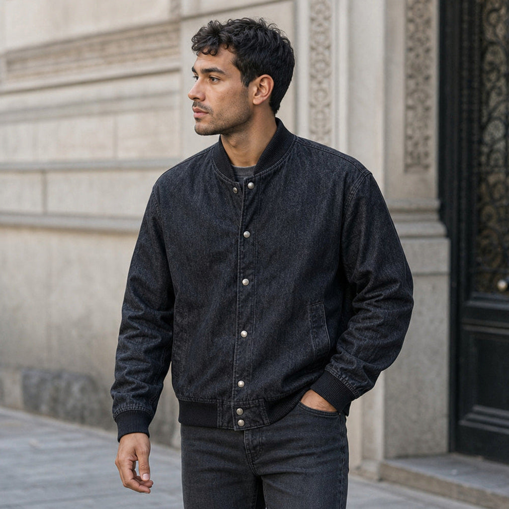 Velkan | Bomberjacke Raw Denim Indigo – Gestyltes Editorial-Foto
