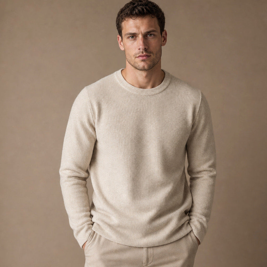Vincenz | Wollpullover Birdseye-Strick Champagnerbeige – Produktfoto