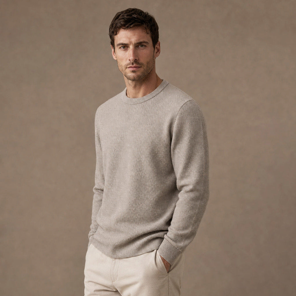 Vincenz | Wollpullover Birdseye-Strick Haferbeige – Seitenansicht