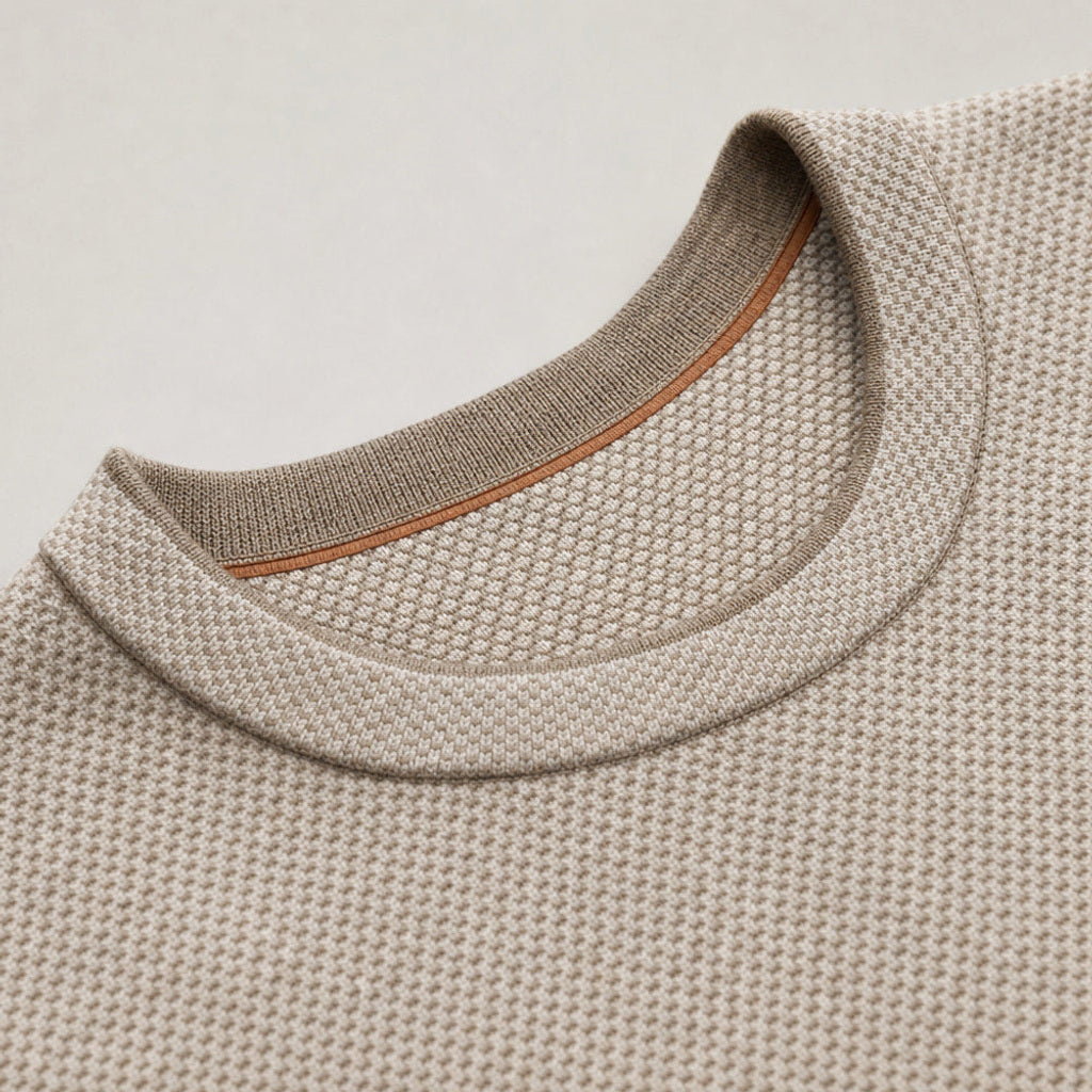 Vincenz | Wollpullover Birdseye-Strick Haferbeige – Stoff- und Detailaufnahme