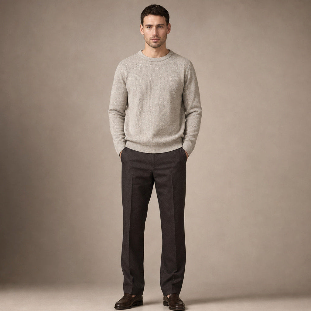 Vincenz | Wollpullover Birdseye-Strick Haferbeige – Gesamtlook