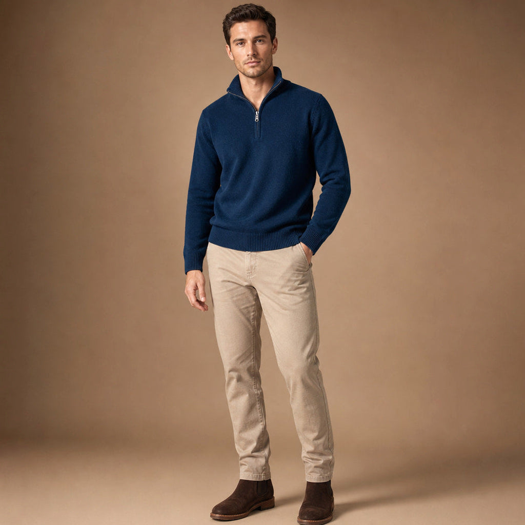 Volkhard | Strickpullover Stehkragen Kurzreißverschluss Navy – Seitenansicht