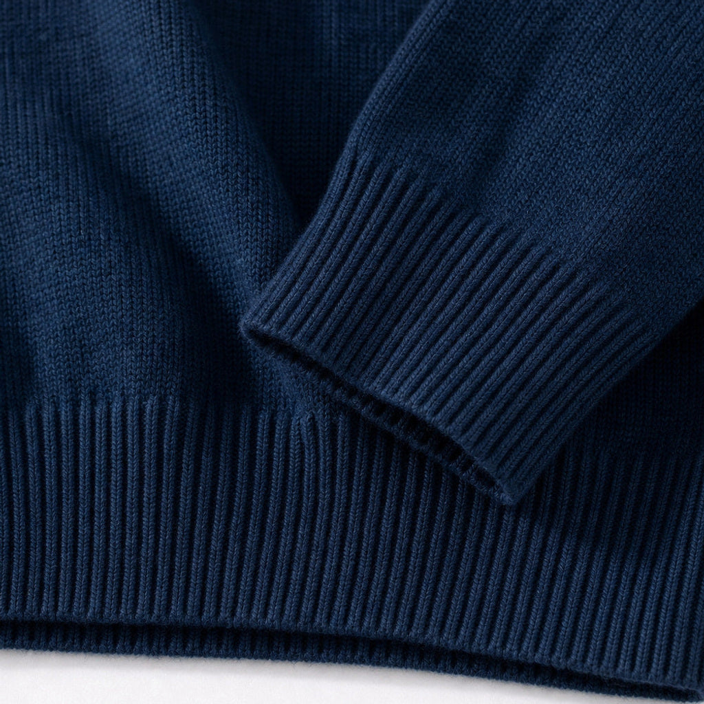 Volkhard | Strickpullover Stehkragen Kurzreißverschluss Navy – Stoff- und Detailaufnahme