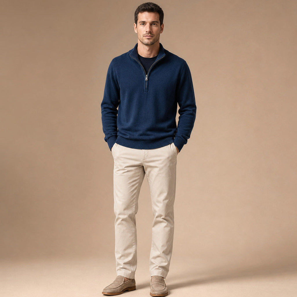 Volkhard | Strickpullover Stehkragen Kurzreißverschluss Navy – Gesamtlook
