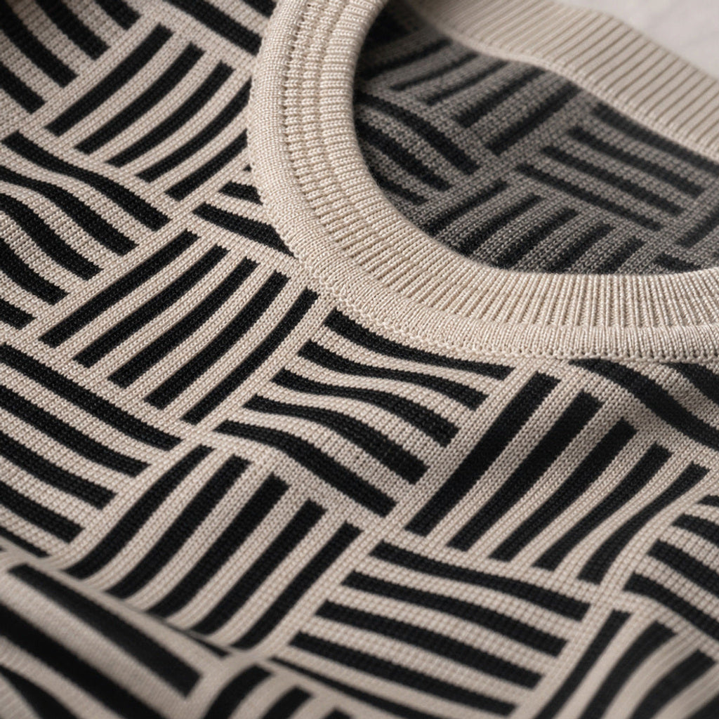 Volkmar | Strickshirt Jacquard-Muster Sandstein/Schwarz – Stoff- und Detailaufnahme
