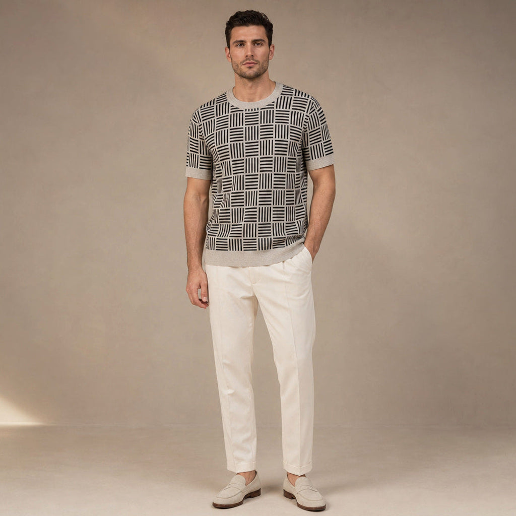 Volkmar | Strickshirt Jacquard-Muster Sandstein/Schwarz – Gesamtlook