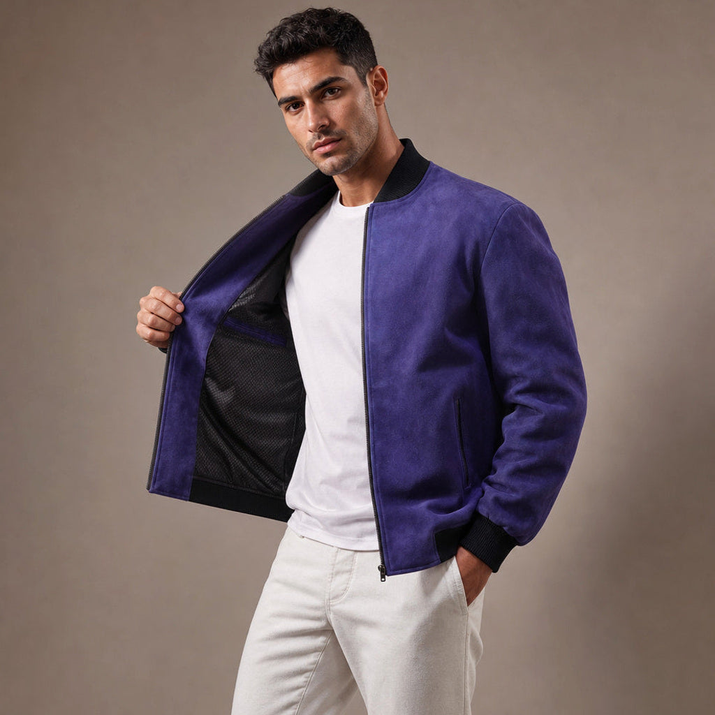 Wichmar | Bomberjacke Wildleder Indigo – Seitenansicht