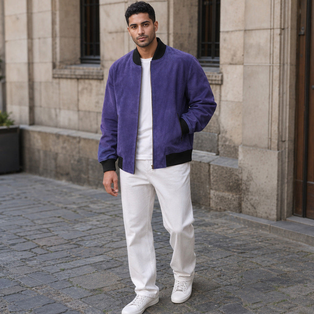 Wichmar | Bomberjacke Wildleder Indigo – Gestyltes Editorial-Foto