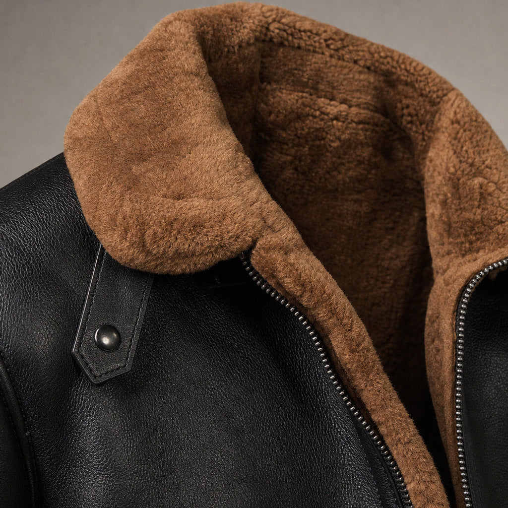 Widukind | Lederjacke Gefüttert Winter Braun – Stoff- und Detailaufnahme