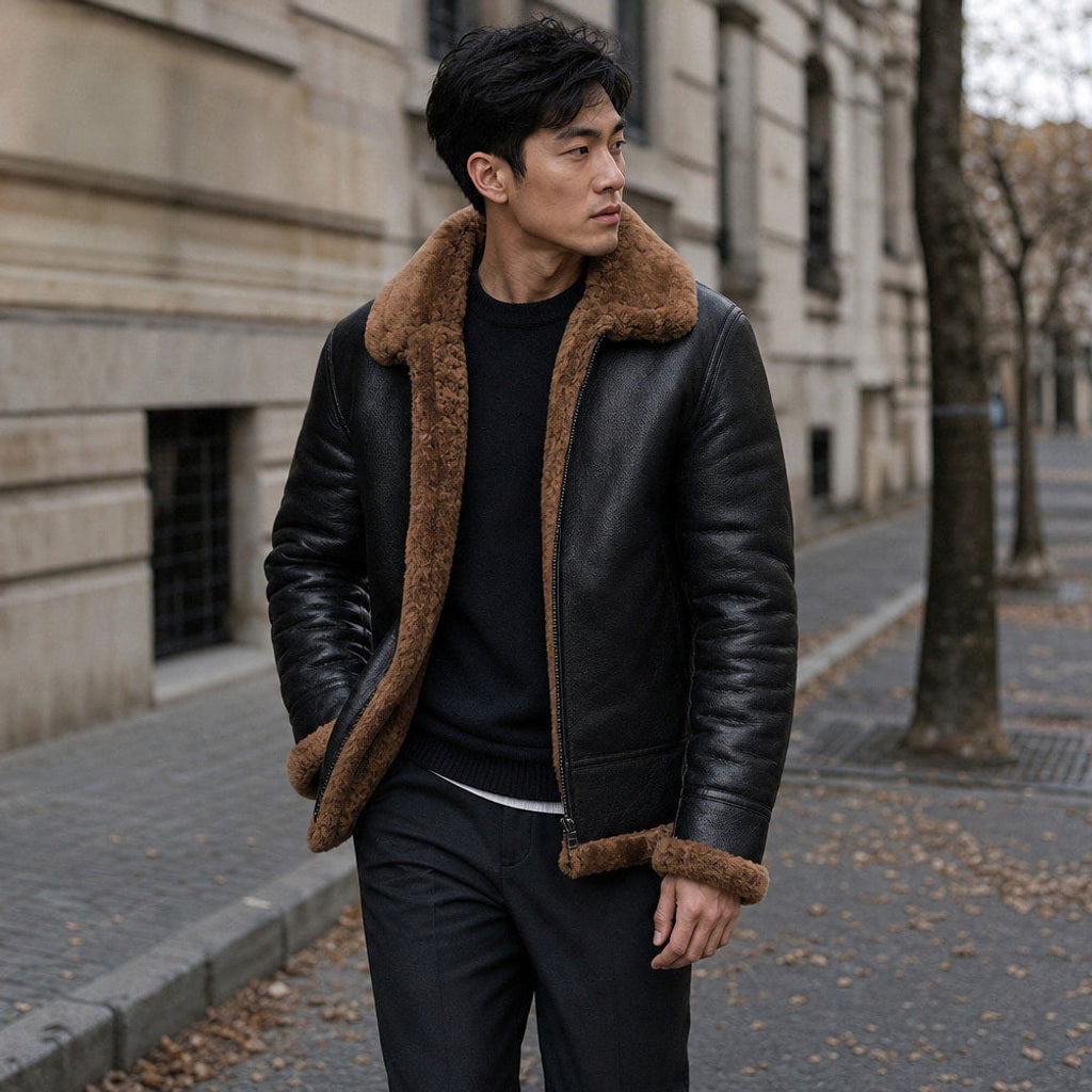 Widukind | Lederjacke Gefüttert Winter Braun – Gestyltes Editorial-Foto