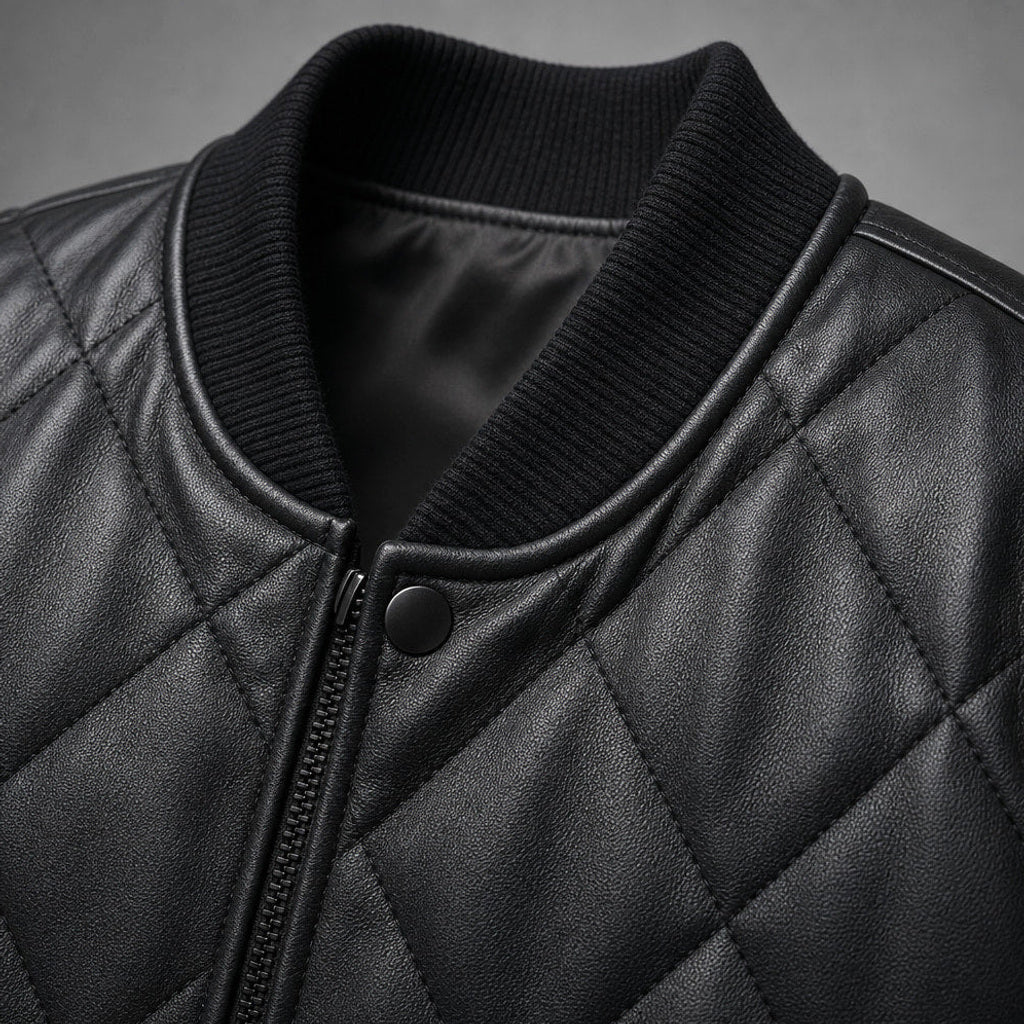Wulf | Lederjacke gesteppt Schwarz Schwarz – Stoff- und Detailaufnahme