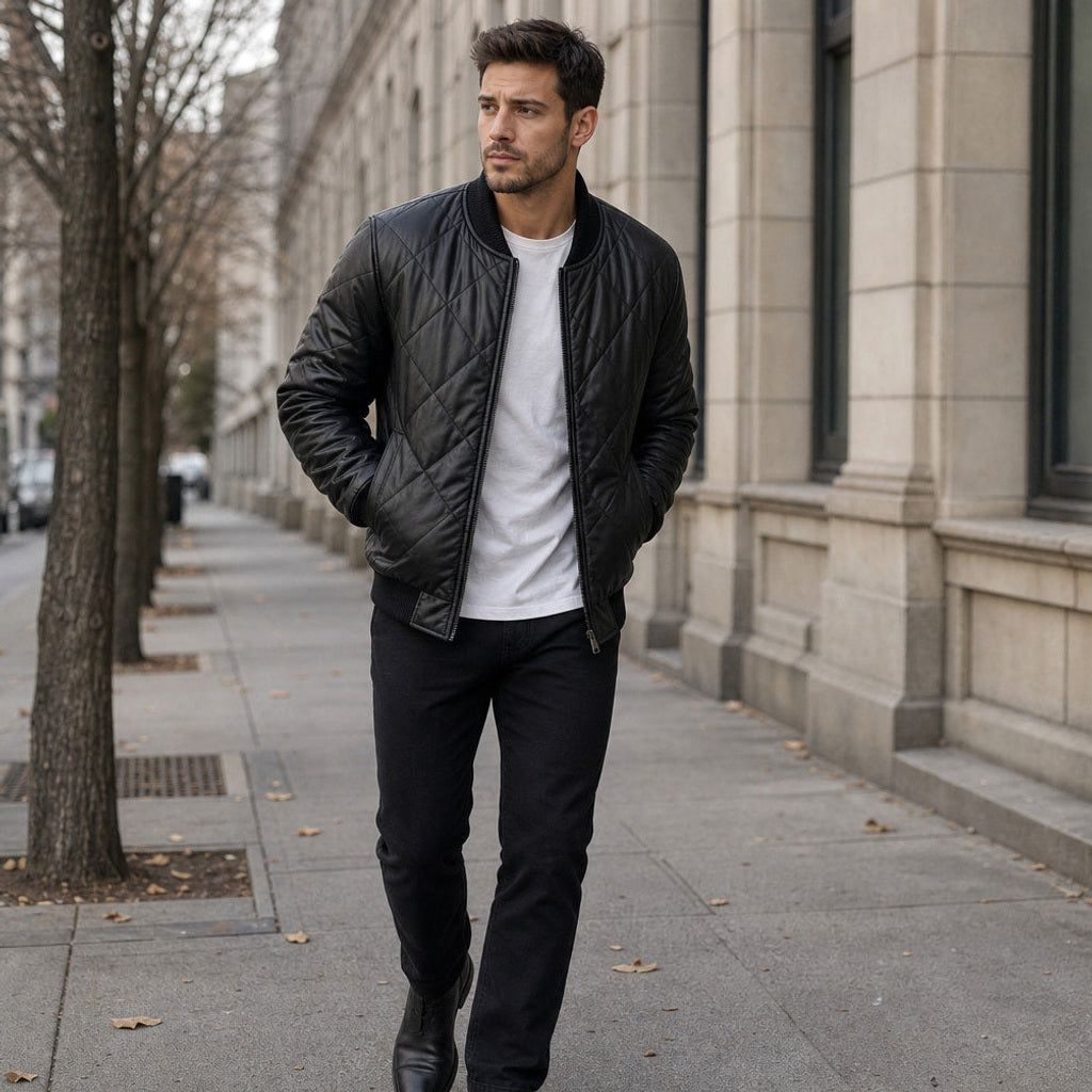 Wulf | Lederjacke gesteppt Schwarz Schwarz – Gestyltes Editorial-Foto