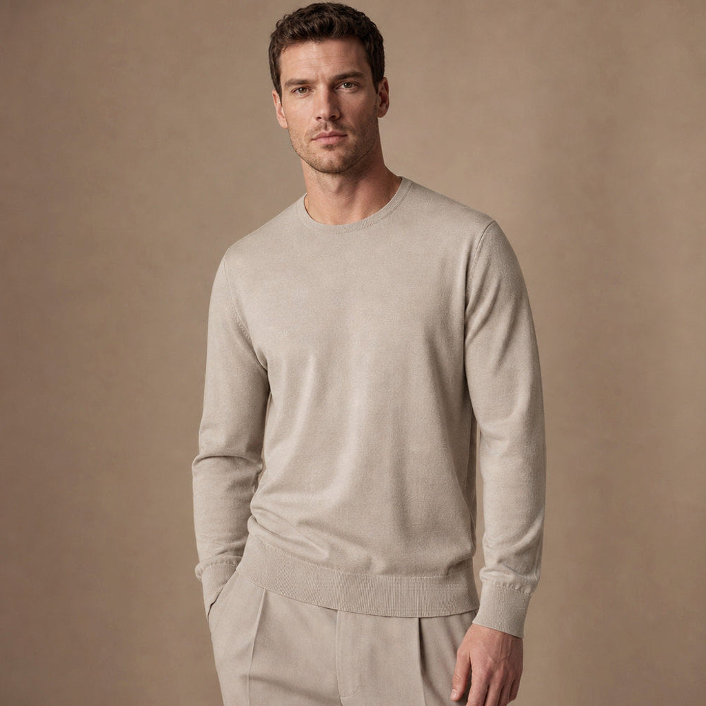 Xaver | Feinstrick-Pullover Rundhals Champagnerbeige – Seitenansicht