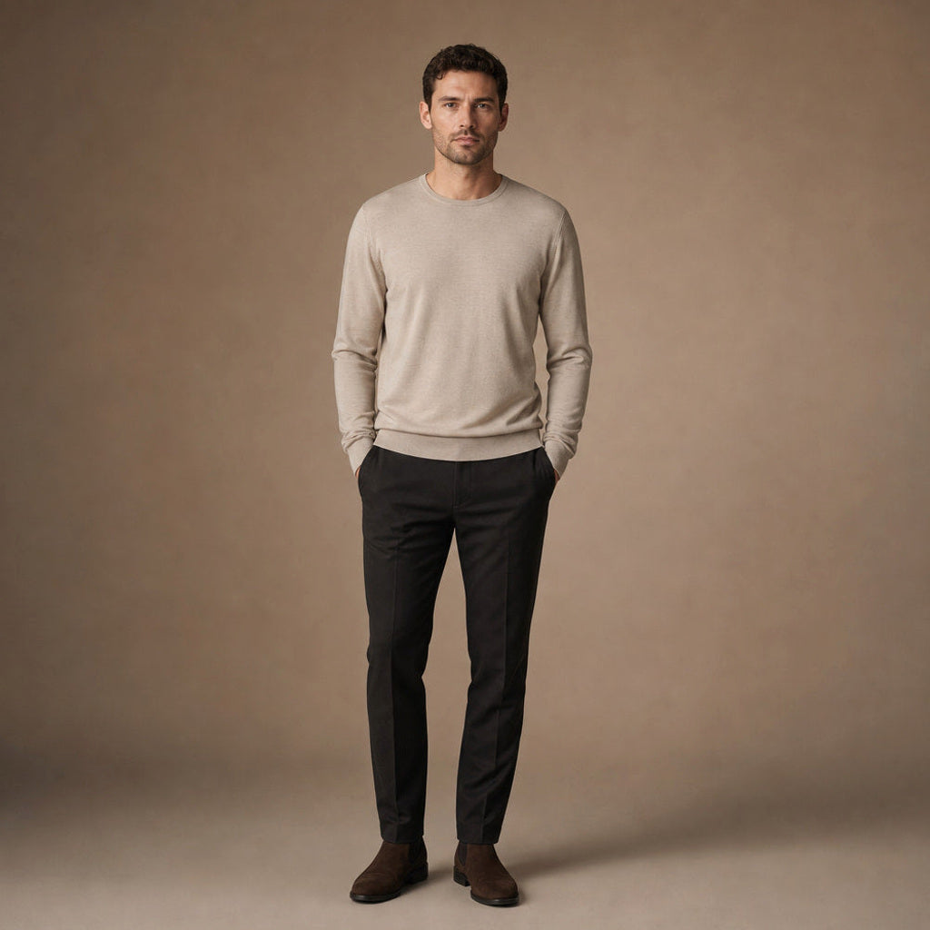 Xaver | Feinstrick-Pullover Rundhals Champagnerbeige – Gesamtlook
