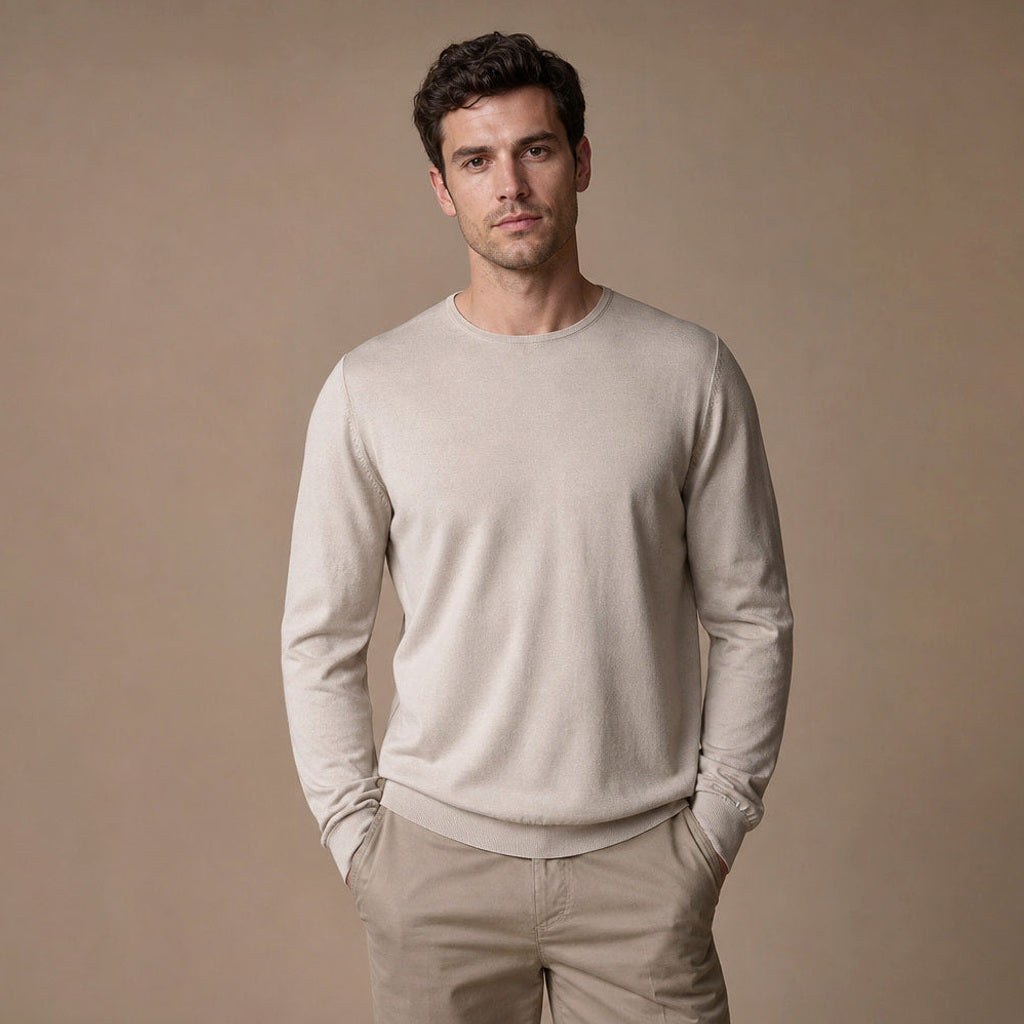 Xaver | Feinstrick-Pullover Rundhals Champagnerbeige – Produktfoto
