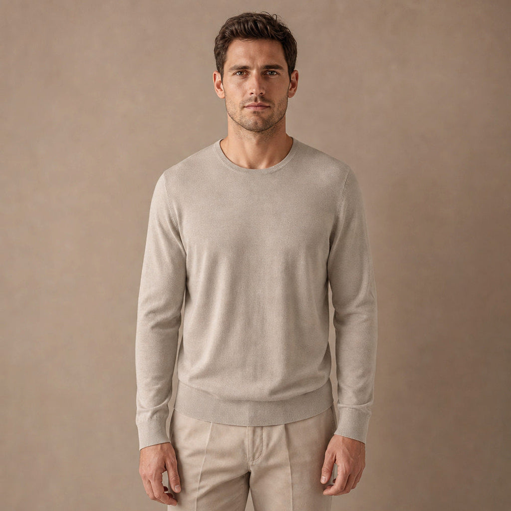 Xaver | Feinstrick-Pullover Rundhals in Champagnerbeige – Premium Editorial