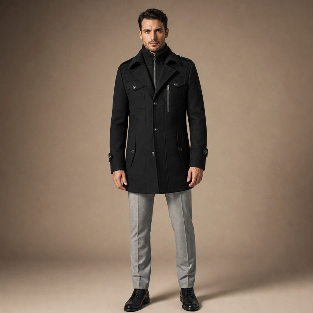 Xeno | Herrenmantel Schurwolle Strukturkragen in Obsidianschwarz – Premium Editorial