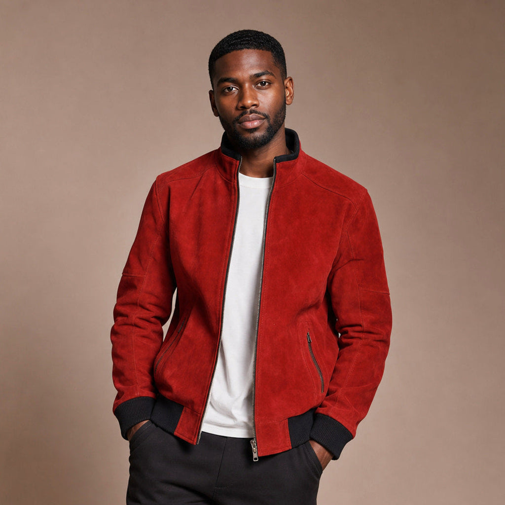 Yannick | Bomberjacke Wildleder Karmesinrot – Produktfoto