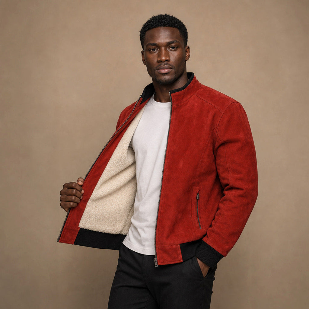 Yannick | Bomberjacke Wildleder Karmesinrot – Premium Editorial