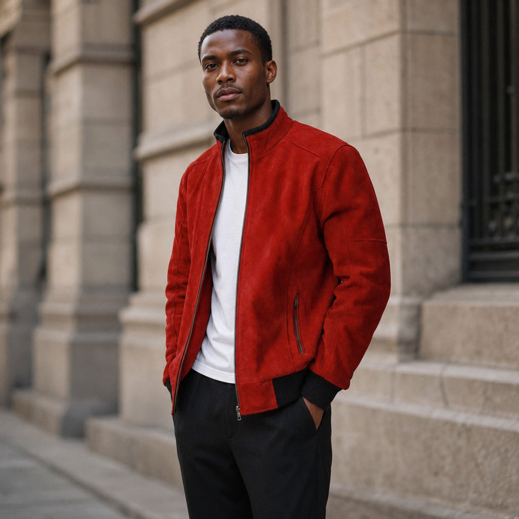 Yannick | Bomberjacke Wildleder Karmesinrot – Gestyltes Editorial-Foto