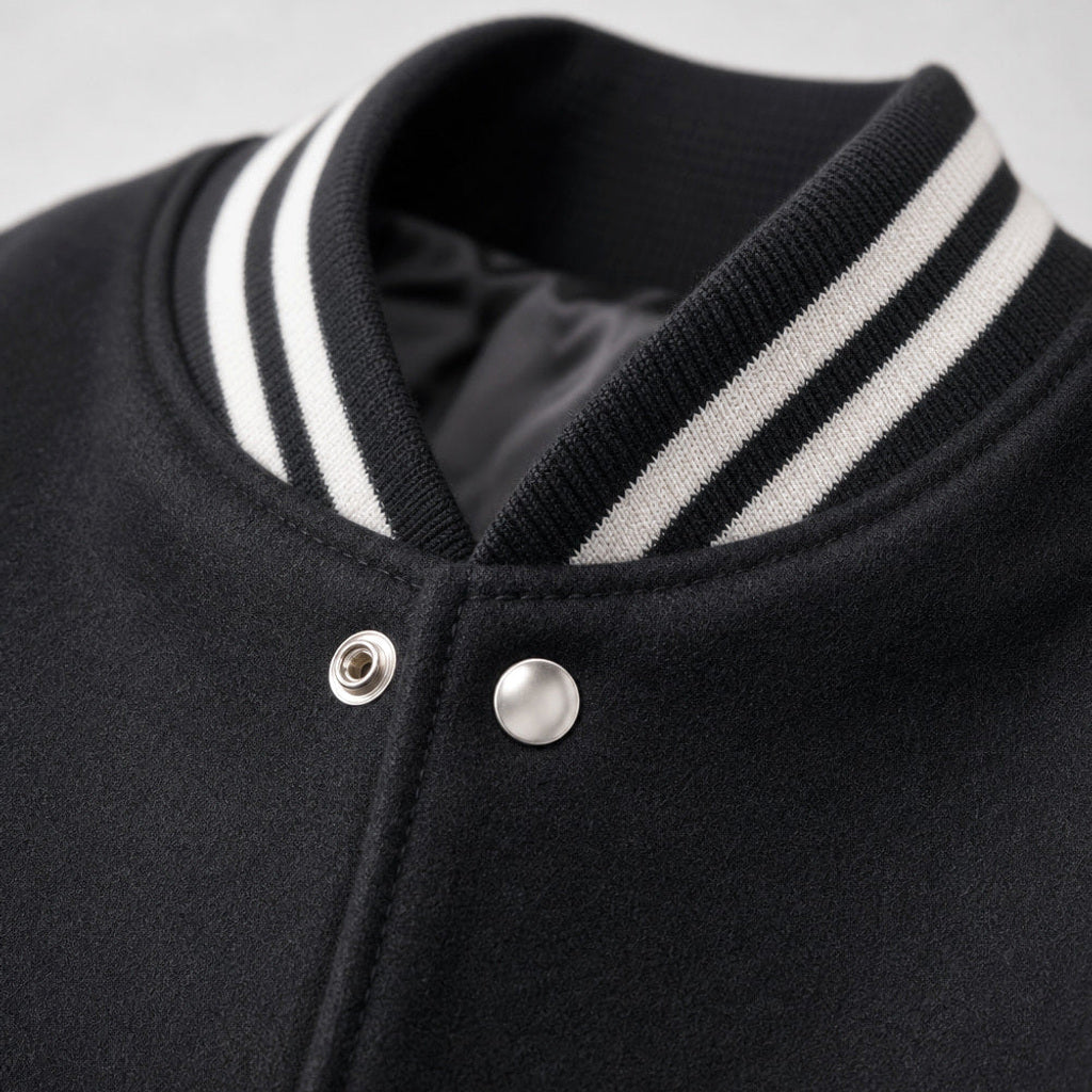 Yannik | College-Jacke Lederärmel Schwarz Schwarz – Stoff- und Detailaufnahme