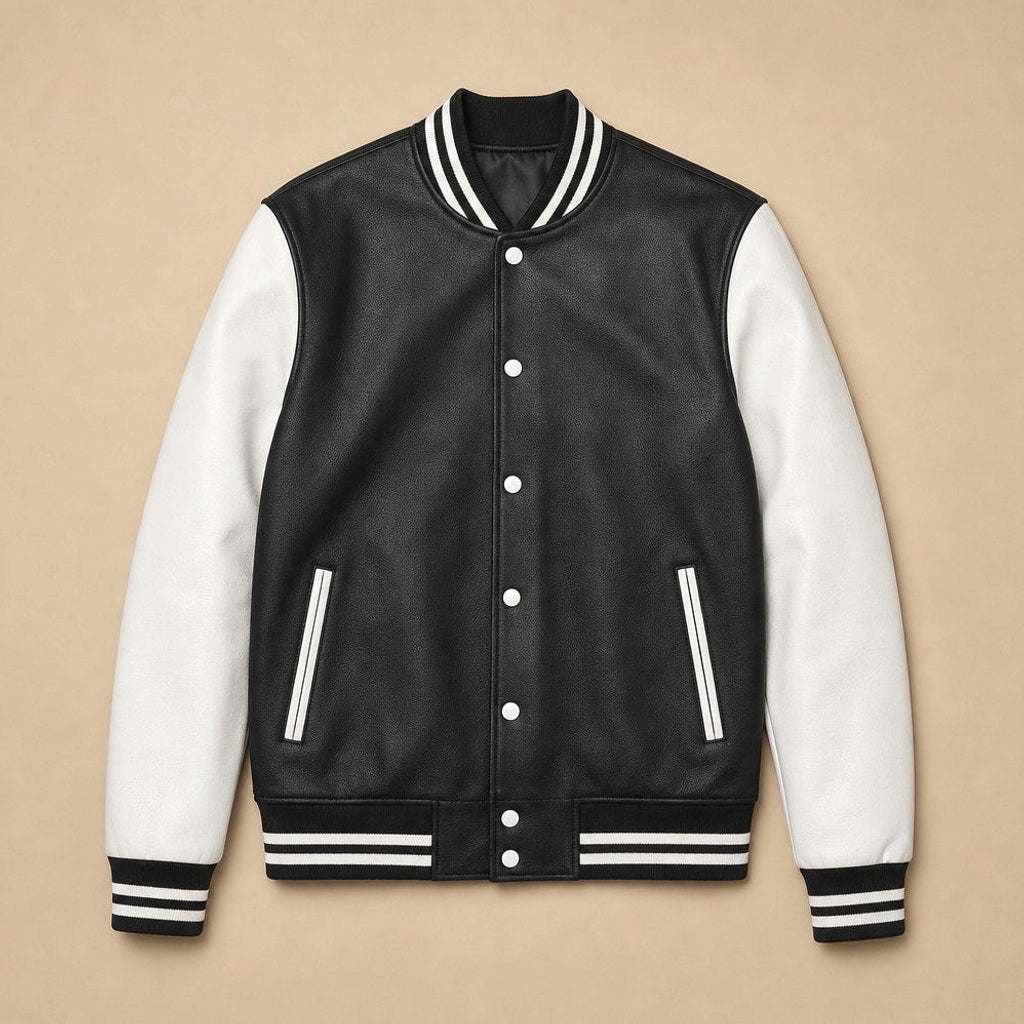 Yannik | College-Jacke Lederärmel Schwarz Schwarz – Flatlay-Produktfoto