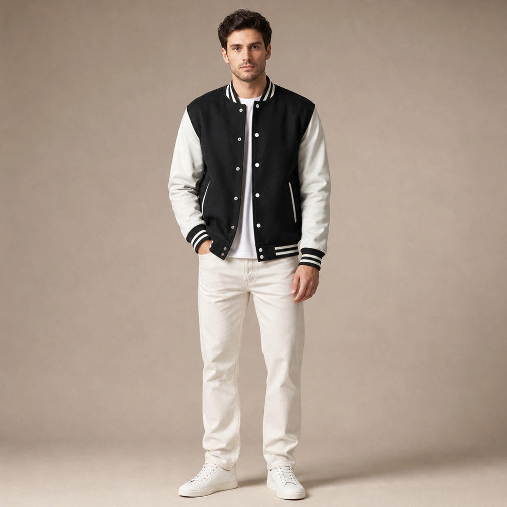 Yannik | College-Jacke Lederärmel Schwarz Schwarz – Gesamtlook