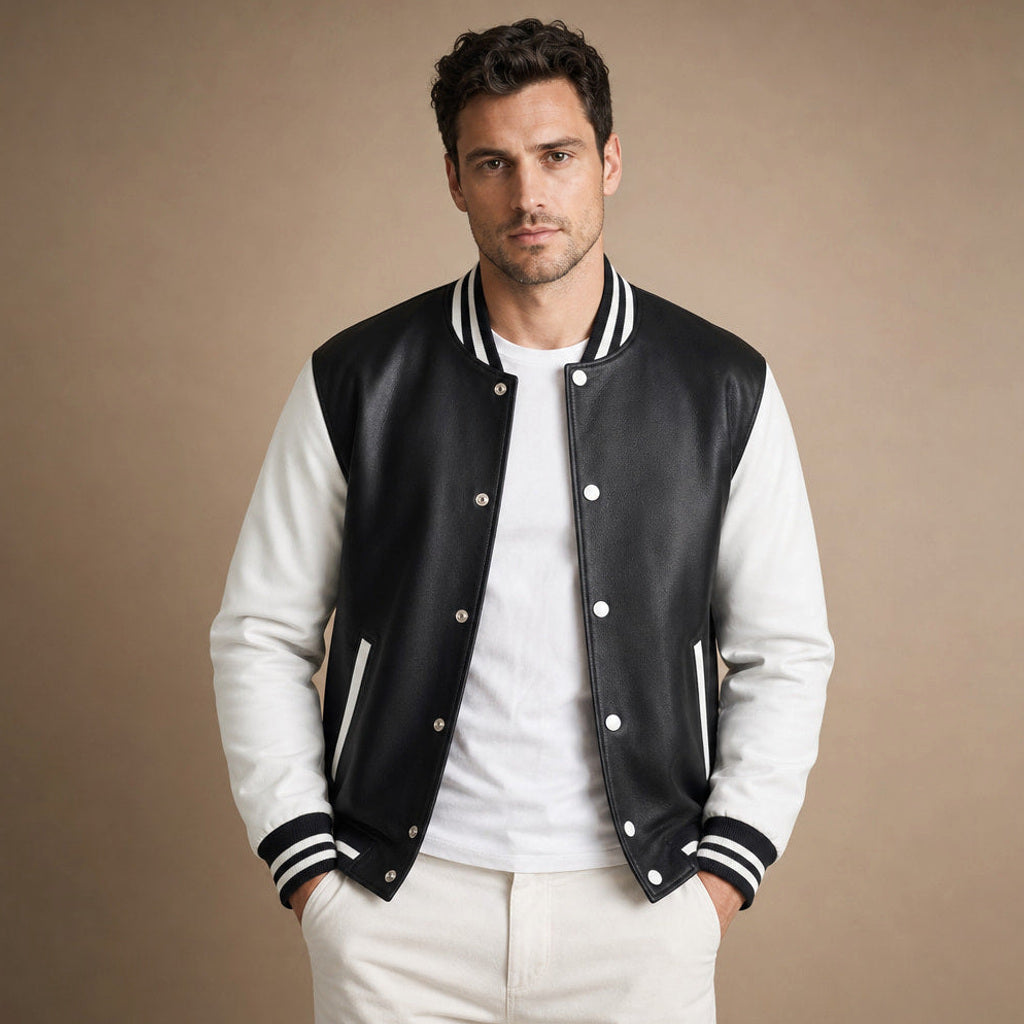 Yannik | College-Jacke Lederärmel Schwarz Schwarz – Produktfoto