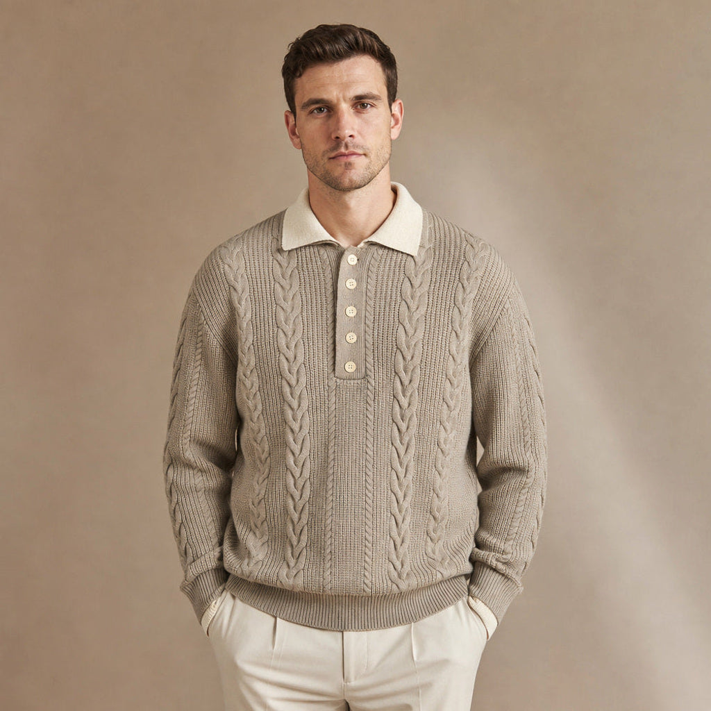 Zeno | Zopfstrickpullover mit Hemdkragen in Beige – Premium Editorial